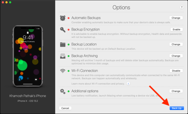 Clique no botão Back Up no iMazing