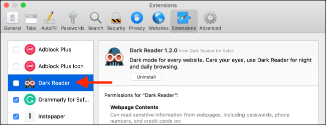 Clique em Dark Reader para habilitar a extensão