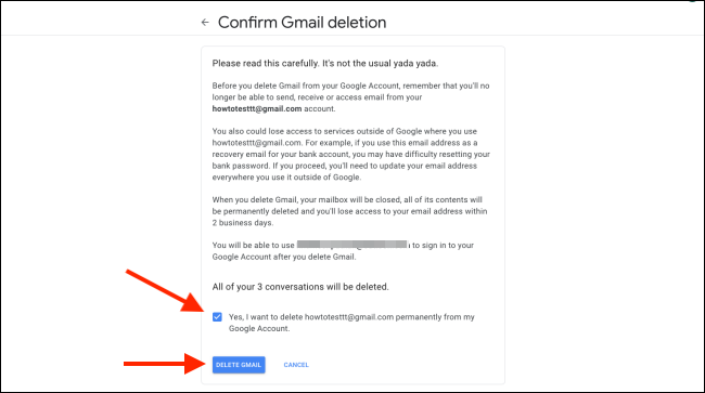 Clique na caixa para confirmar e clique em “Excluir Gmail”.