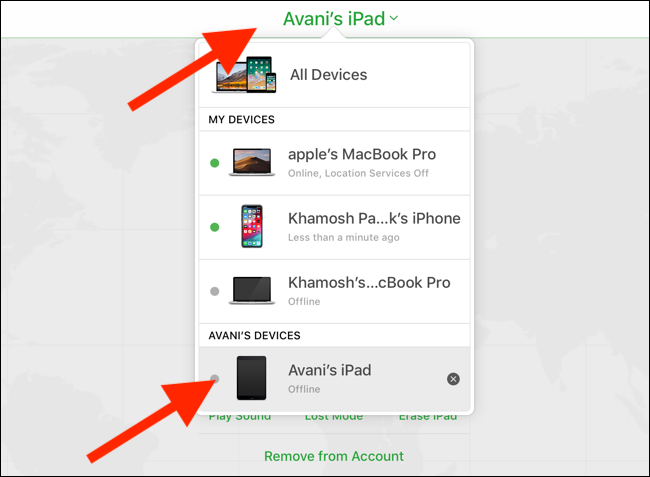 Clique ou toque no menu suspenso Dispositivos e selecione seu iPad.