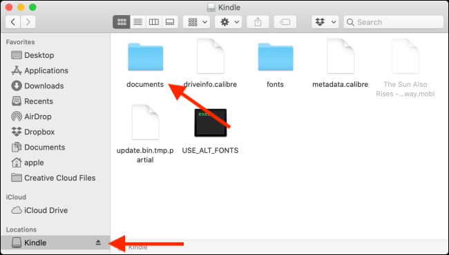 Clique na pasta Documentos na unidade Kindle
