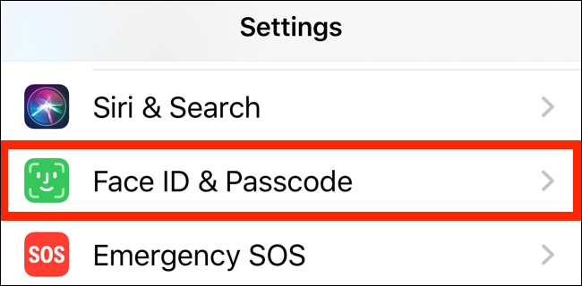 Clique na seção ID facial e senha em Configurações