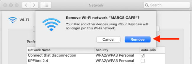 Clique em "Remover" para remover uma rede Wi-Fi do seu Mac e das Chaves do iCloud.