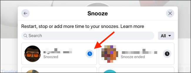Clique no botão Snooze para desativar o mudo temporário para o usuário do Facebook