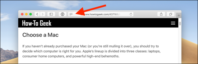 Clique no ícone Reader View na barra de URL do Safari no Mac