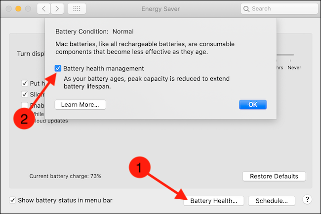 Clique no botão Battery Health e desmarque a opção Battery Health Management