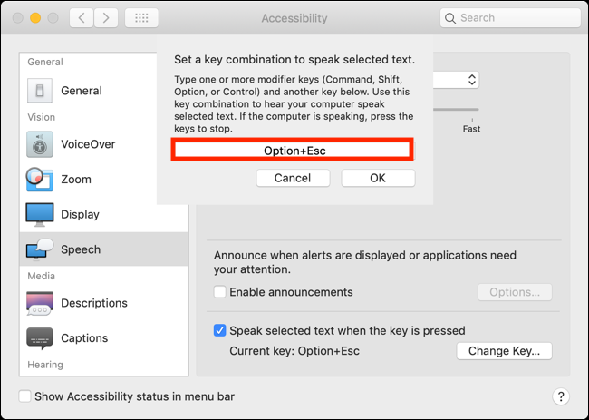 Clique na caixa e pressione a nova combinação de teclas para alterar o atalho de teclado para o recurso Speak Selection