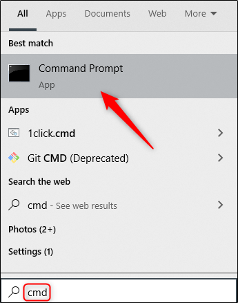 Aplicativo de prompt de comando no Windows Search