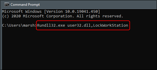 O comando "Rundll32.exe user32.dll, LockWorkStation" em uma janela "Prompt de comando".