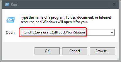 Digite “Rundll32.exe user32.dll, LockWorkStation” no menu “Executar”.