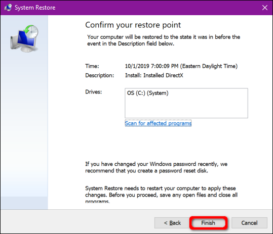 Windows 10 Confirmar ponto de restauração