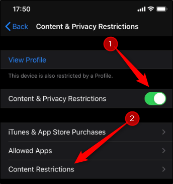 Ative "Restrições de conteúdo e privacidade" e toque em "Restrições de conteúdo".