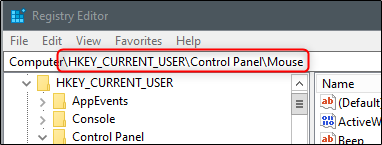 a pasta do mouse do painel de controle no regedit