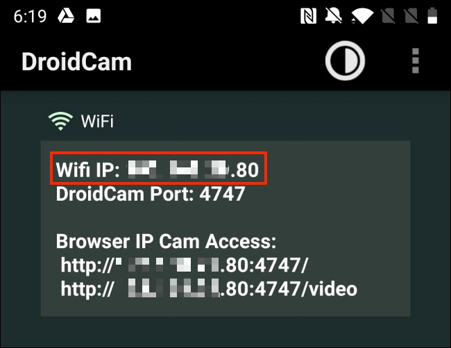 Copie o IP do Wi-Fi do aplicativo DroidCam para Android