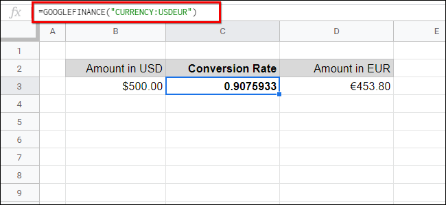 Conversão de moeda do Google Finance Sheets