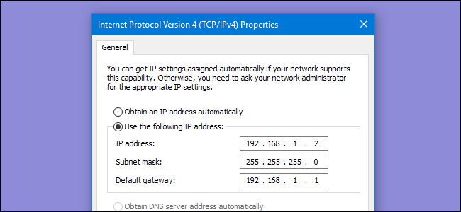 Diálogo IP4 com um endereço IP atribuído manualmente