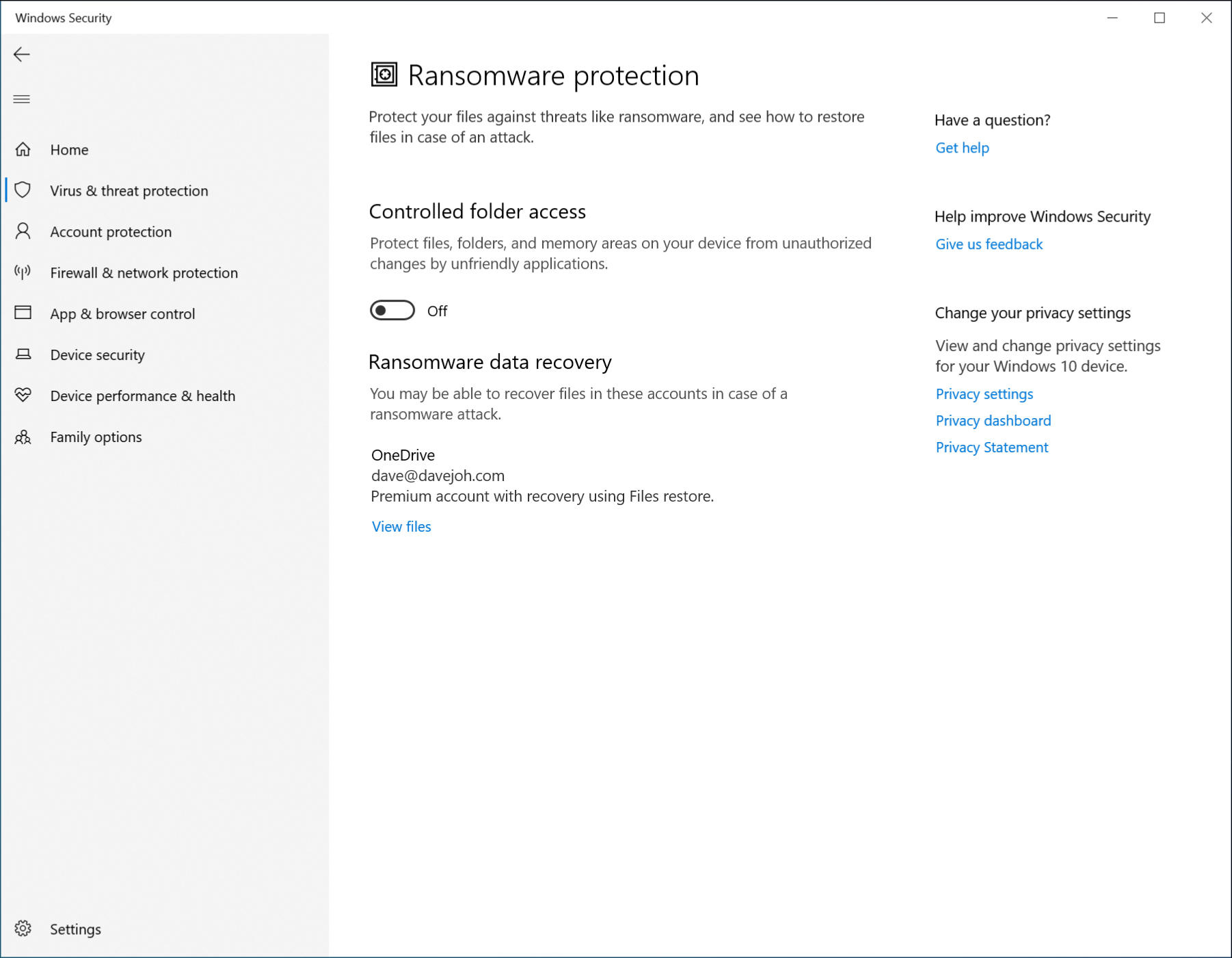 O menu "Proteção contra ransomeware" no Windows Defender.