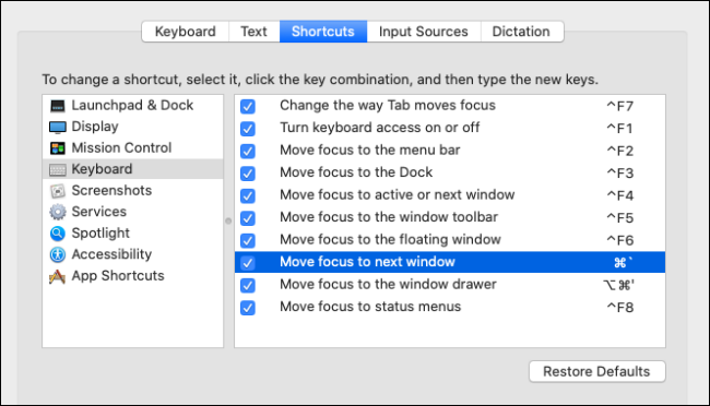 Definição de atalhos de teclado para alternar entre aplicativos abertos e janelas no mac