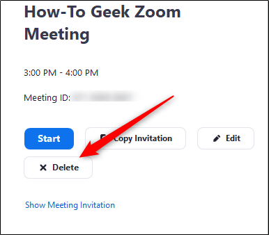 Botão Excluir nas opções de reunião
