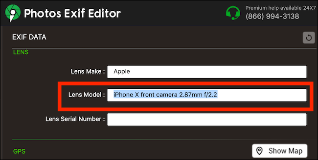 Exclua o texto no campo Modelo de lente para remover os dados da câmera selfie