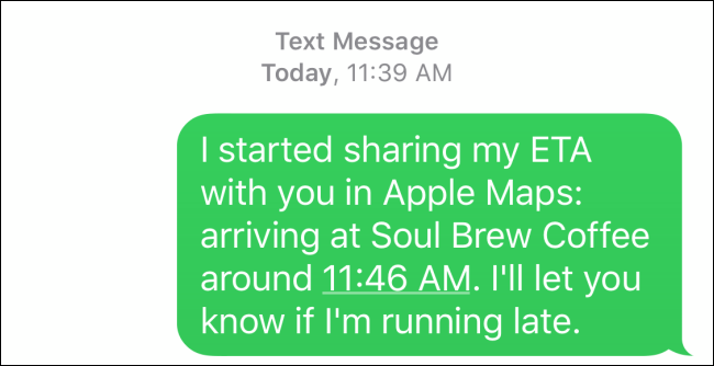 Detalhes do SMS que é enviado como Maps ETA