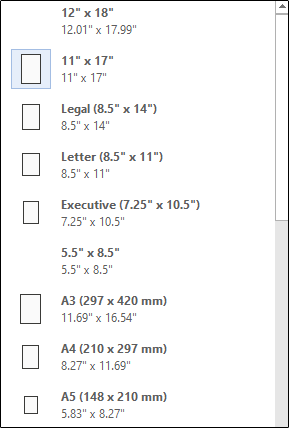 O menu suspenso de tamanho de papel no Word.