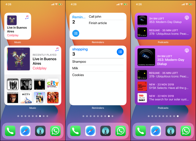 Diferentes tamanhos de widgets na tela inicial do iOS 14