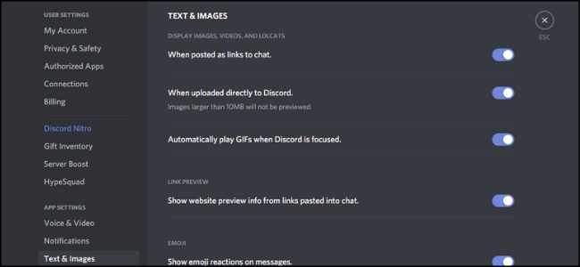 Texto e imagens do Discord