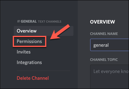 Clique em "Permissões" nas configurações do canal Discord.