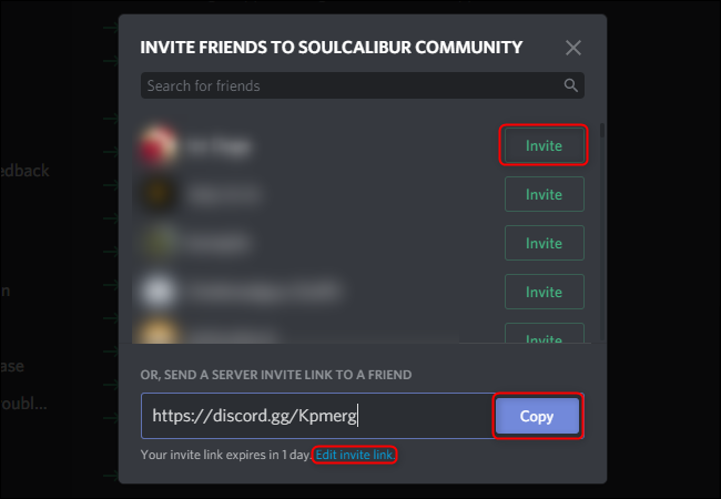 Menu de convite do Discord