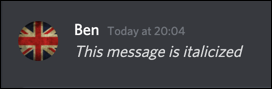 Uma mensagem em itálico no Discord
