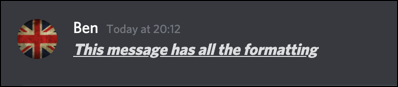 Uma mensagem do Discord com texto em negrito, itálico e sublinhado