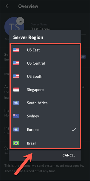Selecione uma nova região de servidor no menu "Região do servidor".