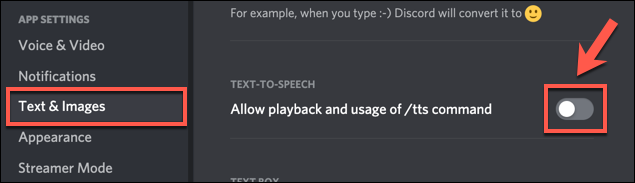 Para desativar todas as mensagens TTS no Discord, clique no controle deslizante "Permitir reprodução e uso do comando / tts" no menu de configurações do usuário "Texto e imagens".