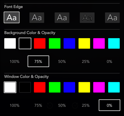 Selecione a borda da fonte, o plano de fundo e a cor da janela e os valores de opacidade do plano de fundo e da janela a partir das opções fornecidas.