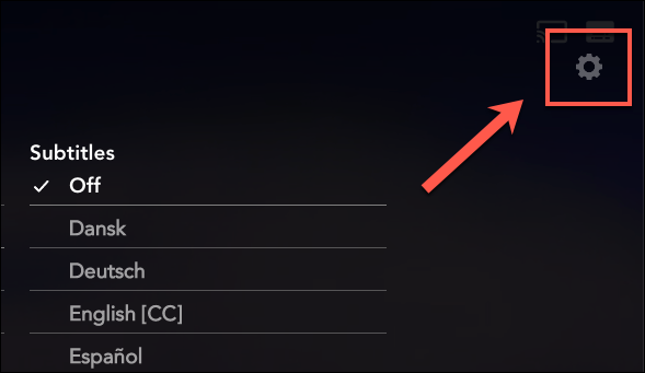 Pressione o ícone de engrenagem de configurações no menu de áudio e legendas para personalizar suas legendas Disney +.