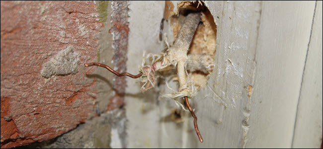 Dois fios expostos saindo da parede.