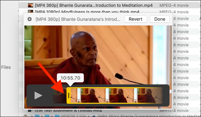 Arraste a alça amarela para cortar um vídeo no Quick Look