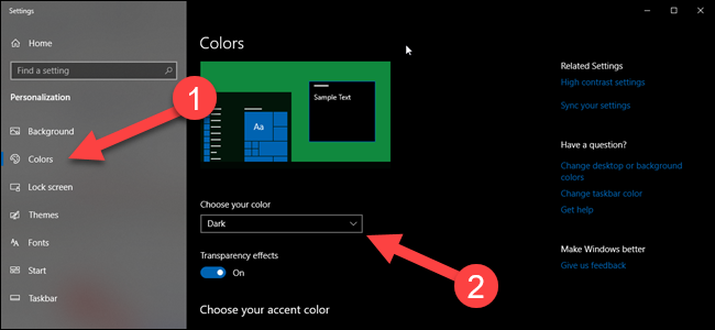 Página de configurações de cores do Windows com setas apontando para opções de cores e temas