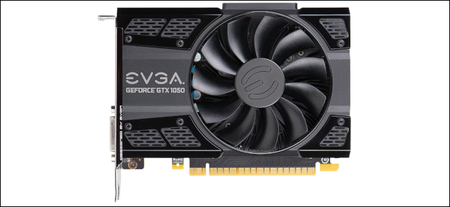 Uma placa de vídeo EVGA Nvidia GeForce GTX 1050 compacta.