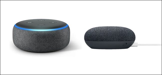 Um Echo de 3ª geração com anel de luz azul, ao lado de um Google Nest Mini com cabo de alimentação branco.