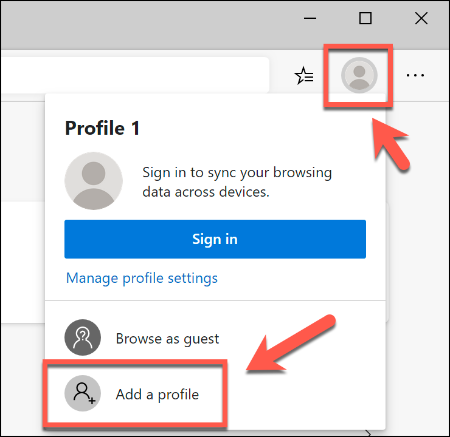Para adicionar um segundo perfil de usuário no Microsoft Edge, clique no ícone do perfil superior direito e, em seguida, clique em Adicionar um Perfil