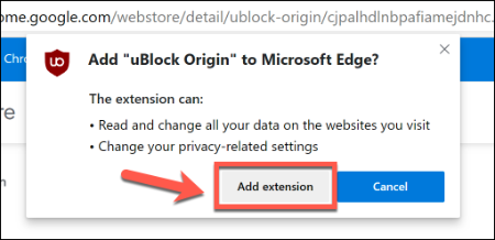 Clique em Adicionar extensão para adicionar uma extensão do Chrome no Edge
