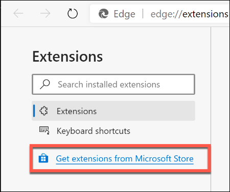 Clique no link "Obter extensões da Microsoft Store" no menu à esquerda.