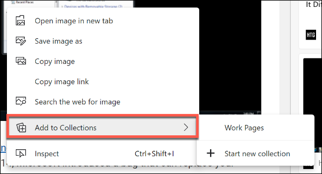 Clique com o botão direito em um objeto ou texto selecionado e selecione sua coleção na subcategoria Adicionar à coleção para adicionar esse conteúdo à sua coleção do Microsoft Edge
