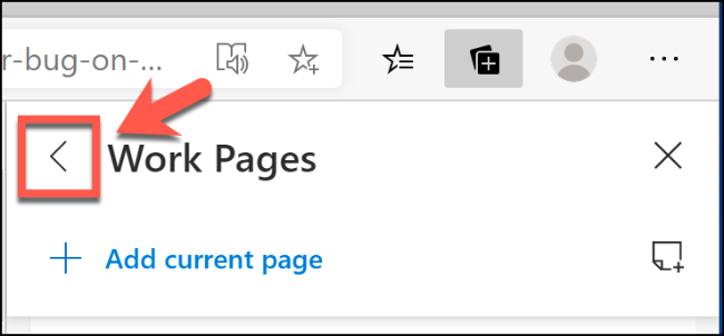 Clique na seta apontando para a esquerda no menu Coleções no Microsoft Edge para retornar ao menu de recursos principal