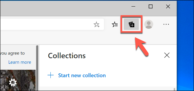 Clique no ícone Coleções no canto superior direito da janela do Edge para abrir o menu de recursos