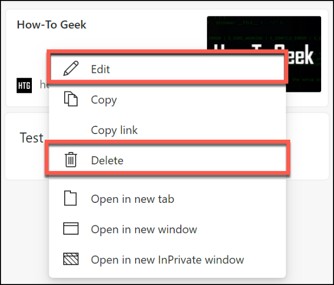 As opções para excluir ou editar uma página da web salva n coleções do Microsoft Edge