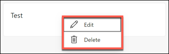 As opções para excluir ou editar uma nota salva em uma coleção do Microsoft Edge
