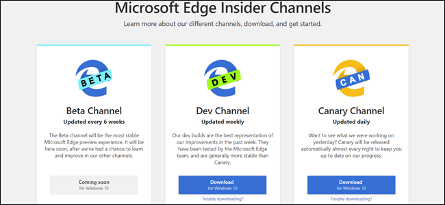 Página de canais do Microsoft Edge Insider